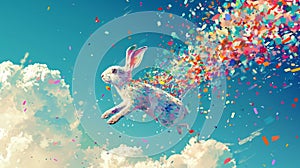 Rabbit flying high in sky with colorful confetti.