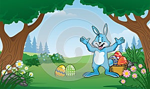 Rabbit on the forest with few of colorful easter eggs