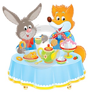 Rabbit and Fox at table
