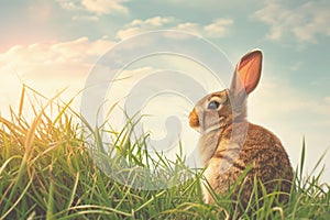 A rabbit gazes at the sky while sitting in the grass