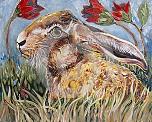 Rabbit in the grass with flowers original art