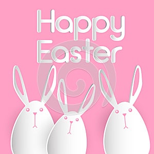 Rabbit Group Bunny Happy Easter Holiday Banner Pink Greeting Card Flat