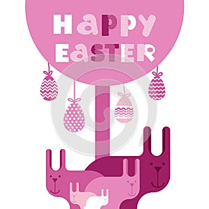 Rabbit Group Bunny Happy Easter Holiday Banner Pink Greeting Card Flat