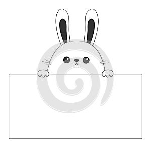 Rabbit happy face head icon hanging on paper board template. Paw hands. Contour line. Funny baby hare. Cute cartoon character. Lov
