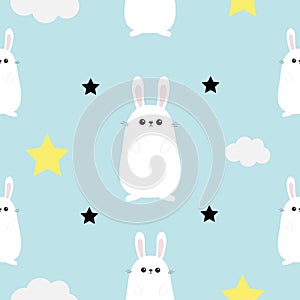 Rabbit hare head, hands. Cloud, star shape. Cute cartoon kawaii character. Baby pet collection. Seamless Pattern Wrapping paper, t