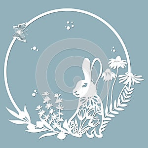 Rabbit, hare in a round frame, with patterns, flowers, butterflies. Template for laser, plotter cutting, and screen printing. The