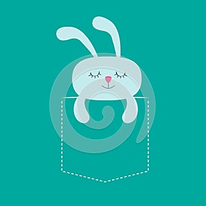 Rabbit hare sleeping in the pocket. Cute cartoon character. Dash line. Forest animal collection. T-shirt design. Blue background.