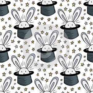 Rabbit in hat pattern. Vector seamless background for magic circus. Magician doodle stars decoration