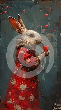 Rabbit with a heart in a whimsical artwork., AI Generated