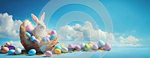 Rabbit in his basket with Easter eggs scattered around him on a blue background