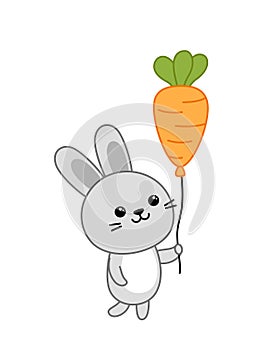 Rabbit is holding balloon in form of carrot. Easter bunny with balloon. Cartoon, vector.