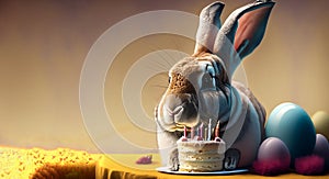 rabbit holding birthday cake with candle, generative Ai