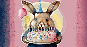 rabbit holding birthday cake watercolor, generative Ai