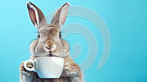 rabbit holding a mug with hot coffee on a blue background with copy space