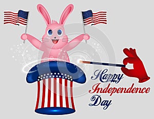 Rabbit Holds American Flag. Star striped Uncle Sam hat. American hat. Magic trick with rabbit in uncle Sam hat. 4th of July. Happy