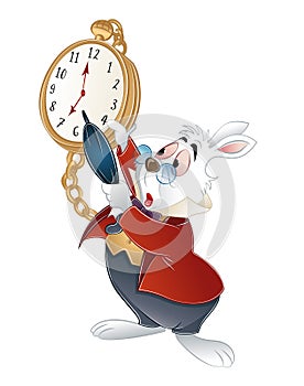 rabbit in a hurry running to wonderland pointing to time