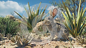 a rabbit, its brown fur blending with the desert hues, traverses the arid landscape under a clear sky, with scattered