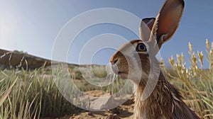 a rabbit, its brown fur blending with the desert hues, traverses the arid landscape under a clear sky, with scattered