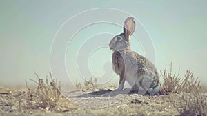 a rabbit, its brown fur blending with the desert hues, traverses the arid landscape under a clear sky, with scattered