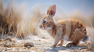 a rabbit, its brown fur blending with the desert hues, traverses the arid landscape under a clear sky, with scattered