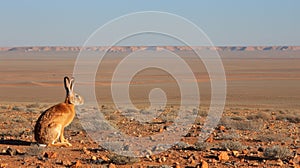 a rabbit, its brown fur blending with the desert hues, traverses the arid landscape under a clear sky, with scattered