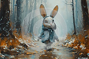 Rabbit in a jacket walking on a forest path.AI Generated