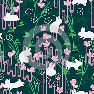 Rabbit Japan Sakura style line green seamless pattern