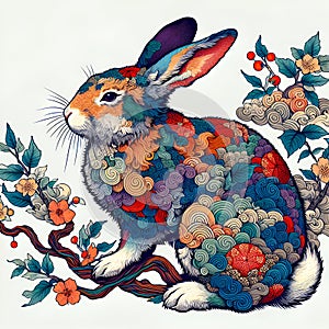 A rabbit in katsushika hokusai style, vibrant vrctor art, colorful, animal design, fantasy art, white background photo