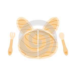 Rabbit kid tableware. Wooden plate, fork, spoon for child. Kids eco-friendly utensils. Baby nutrition and feeding lifestyle