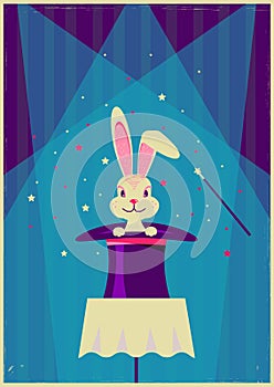 Rabbit in magical hat.Vector magic show background
