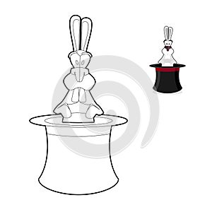 Rabbit in magician hat coloring book. Focus in linear style. Accessory magician. White Hare in illusionist cap. Focus cylinder is