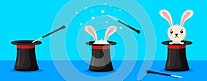 Rabbit magician hat. Magic hats with bunny ears, wizard conjure cylinder, circus show illusionist, abracadabra wand