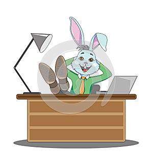 Rabbit manager in a man`s suit sits at the office table
