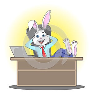 Rabbit manager in a man`s suit sits at the office table, having