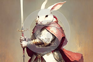 Rabbit in medieval armor with sword and shield. Retro style