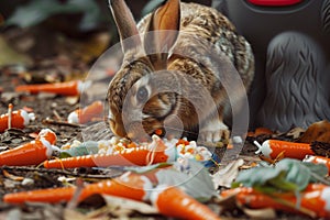 rabbit munching on food with carrotthemed toys