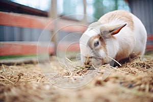 rabbit munching on hay in a wooden pen