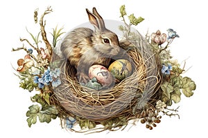 rabbit in a nest with colorful eggs. Generated by AI