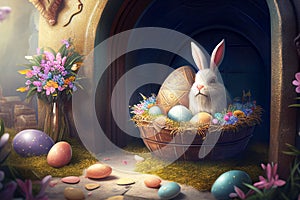 Rabbit in a nest with eggs. Chocolate eggs. Easter.