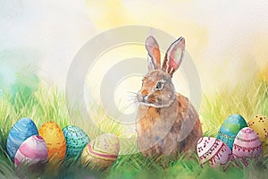 A rabbit is nestled among the grass next to Easter eggs