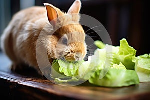 a rabbit nibbling on a piece a lettuce