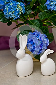 Rabbit ornaments and hydrangea flowers