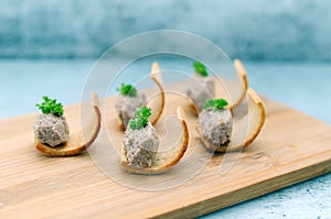 Rabbit pate on the toast bread - modern presentation of the food.