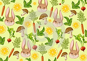 Rabbit pattern, lemons, carrots, mint,
