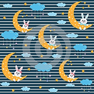 Rabbit pattern on the Moon among the clouds, color vector illustration