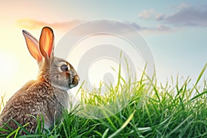 A rabbit peacefully rests in the grass as the sun sets behind the mountain