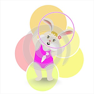The rabbit performs an element of rhythmic gymnastics with a Hoop on an abstract background with circles.