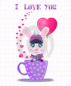 Rabbit with pink heart balloon in lilac cup and text I love you