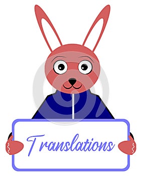 Rabbit with placard, translations, english word, isolated.