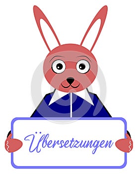 Rabbit with placard, translations, German word, isolated.